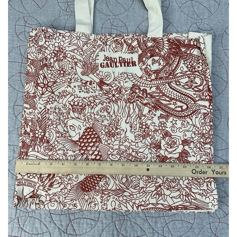 Jean Paul Gaultier Tattoo Tote Bag Red Beige Canvas Dragon Fish / Women's Medium